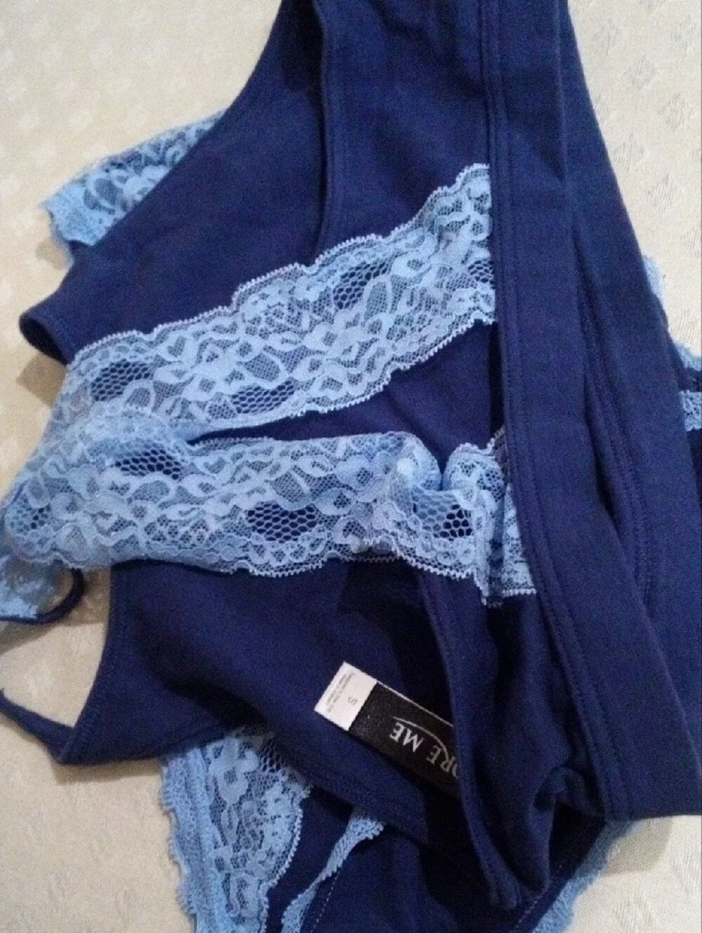 Adore Me Navy Bralette & Light Blue Lace Trim Brief Set